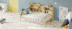 English Elm Twin Solid Pine Bed Frame with Built-In Bookshelf Headboard for Modern Bedroom Natural W5767P546859