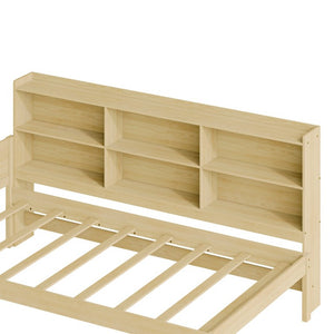 English Elm Twin Solid Pine Bed Frame with Built-In Bookshelf Headboard for Modern Bedroom Natural W5767P546859