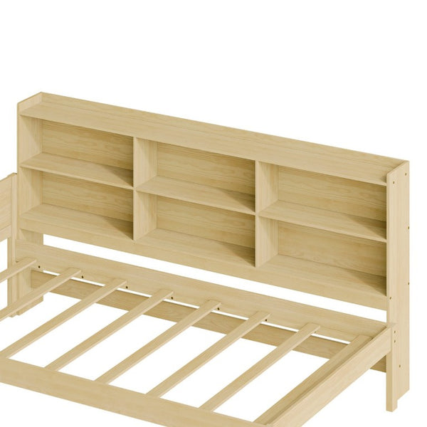 English Elm Twin Solid Pine Bed Frame with Built-In Bookshelf Headboard for Modern Bedroom Natural W5767P546859