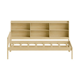 English Elm Twin Solid Pine Bed Frame with Built-In Bookshelf Headboard for Modern Bedroom Natural W5767P546859