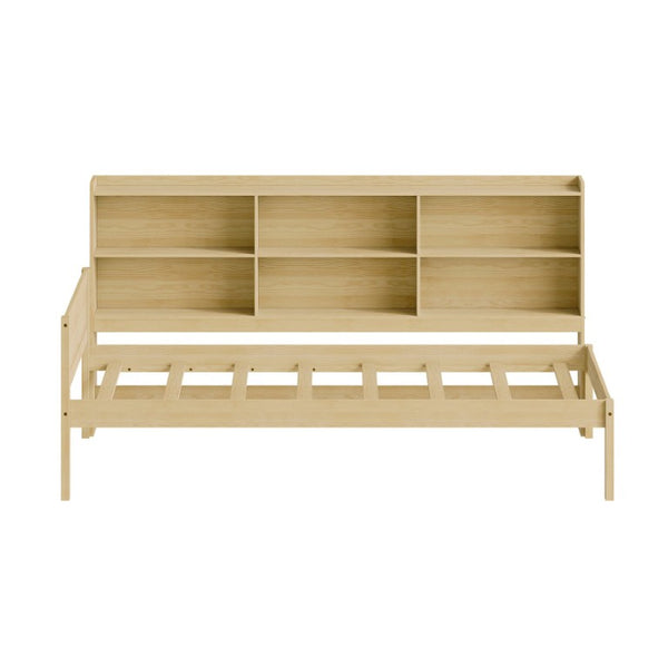 English Elm Twin Solid Pine Bed Frame with Built-In Bookshelf Headboard for Modern Bedroom Natural W5767P546859