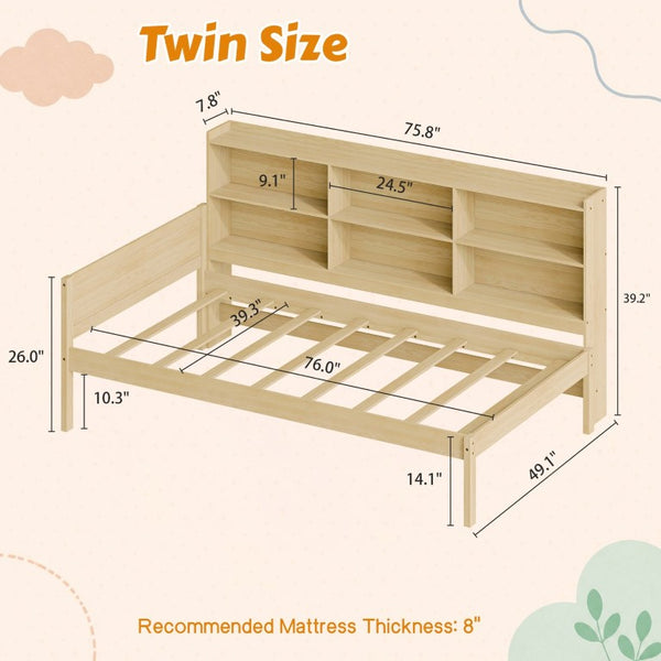 English Elm Twin Solid Pine Bed Frame with Built-In Bookshelf Headboard for Modern Bedroom Natural W5767P546859