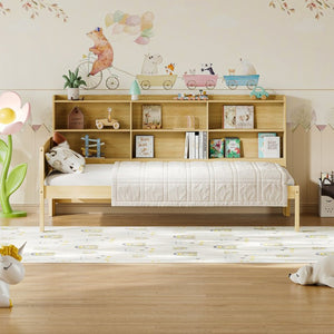 English Elm Twin Solid Pine Bed Frame with Built-In Bookshelf Headboard for Modern Bedroom Natural W5767P546859