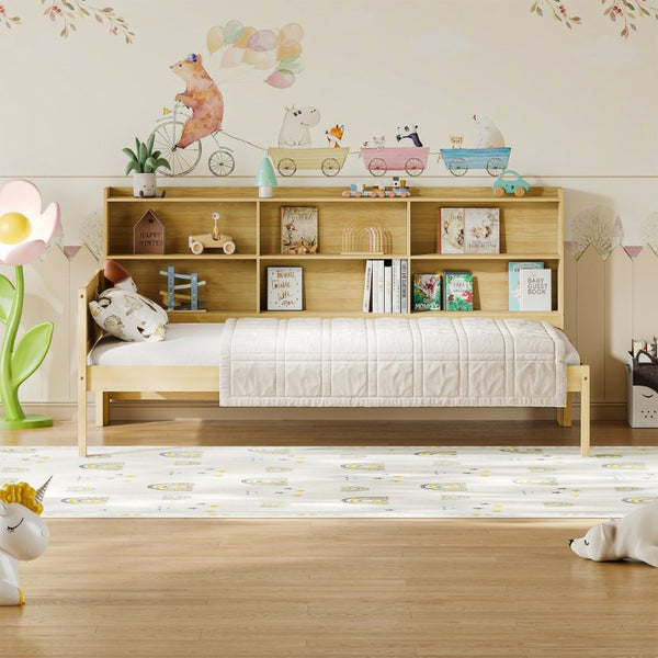 English Elm Twin Solid Pine Bed Frame with Built-In Bookshelf Headboard for Modern Bedroom Natural W5767P546859
