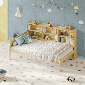 English Elm Twin Solid Pine Bed Frame with Built-In Bookshelf Headboard for Modern Bedroom Natural W5767P546859