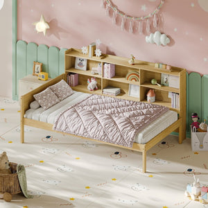 English Elm Twin Solid Pine Bed Frame with Built-In Bookshelf Headboard for Modern Bedroom Natural W5767P546859