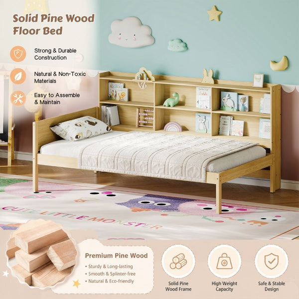 English Elm Twin Solid Pine Bed Frame with Built-In Bookshelf Headboard for Modern Bedroom Natural W5767P546859