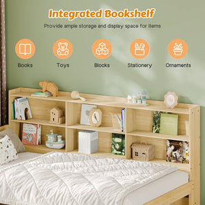 English Elm Twin Solid Pine Bed Frame with Built-In Bookshelf Headboard for Modern Bedroom Natural W5767P546859