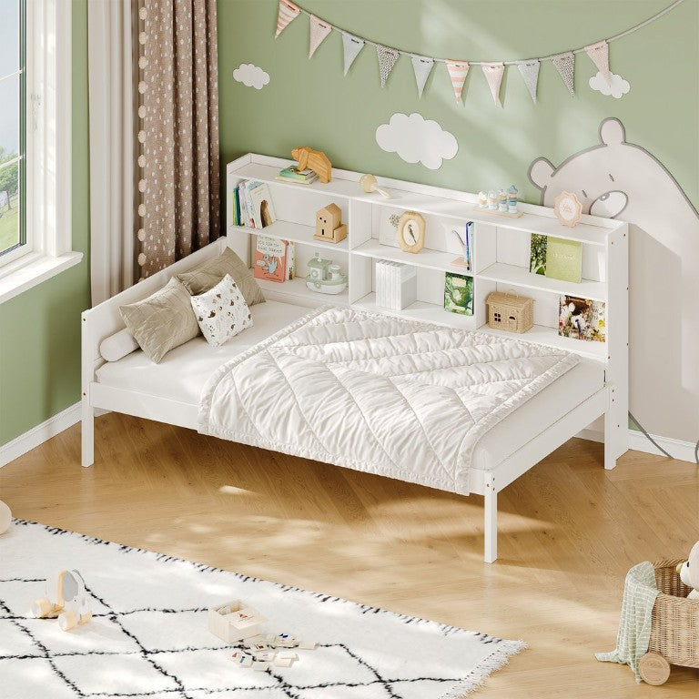English Elm Twin Solid Pine Bed Frame with Built-In Bookshelf Headboard for Modern Bedroom White W5767P546865
