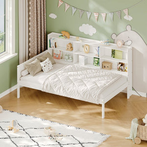 English Elm Twin Solid Pine Bed Frame with Built-In Bookshelf Headboard for Modern Bedroom White W5767P546865