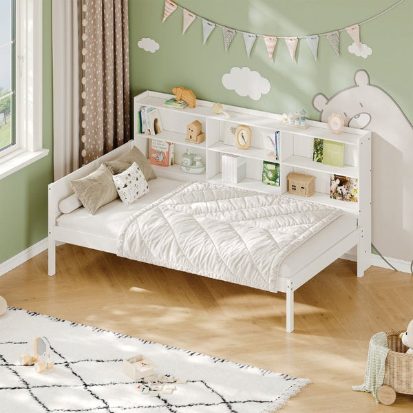 English Elm Twin Solid Pine Bed Frame with Built-In Bookshelf Headboard for Modern Bedroom White W5767P546865
