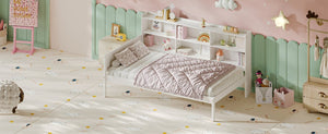 English Elm Twin Solid Pine Bed Frame with Built-In Bookshelf Headboard for Modern Bedroom White W5767P546865