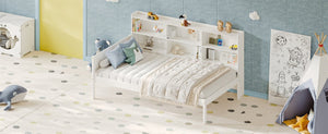 English Elm Twin Solid Pine Bed Frame with Built-In Bookshelf Headboard for Modern Bedroom White W5767P546865