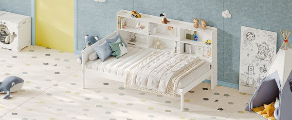English Elm Twin Solid Pine Bed Frame with Built-In Bookshelf Headboard for Modern Bedroom White W5767P546865