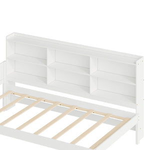 English Elm Twin Solid Pine Bed Frame with Built-In Bookshelf Headboard for Modern Bedroom White W5767P546865