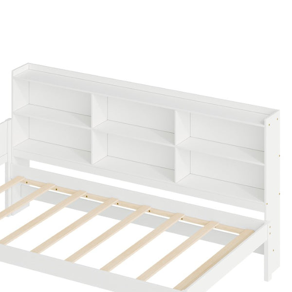 English Elm Twin Solid Pine Bed Frame with Built-In Bookshelf Headboard for Modern Bedroom White W5767P546865