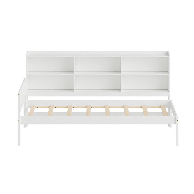 English Elm Twin Solid Pine Bed Frame with Built-In Bookshelf Headboard for Modern Bedroom White W5767P546865