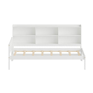 English Elm Twin Solid Pine Bed Frame with Built-In Bookshelf Headboard for Modern Bedroom White W5767P546865