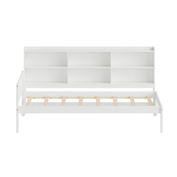 English Elm Twin Solid Pine Bed Frame with Built-In Bookshelf Headboard for Modern Bedroom White W5767P546865
