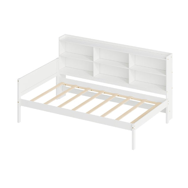 English Elm Twin Solid Pine Bed Frame with Built-In Bookshelf Headboard for Modern Bedroom White W5767P546865