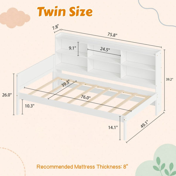 English Elm Twin Solid Pine Bed Frame with Built-In Bookshelf Headboard for Modern Bedroom White W5767P546865
