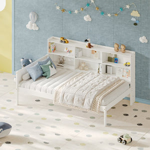 English Elm Twin Solid Pine Bed Frame with Built-In Bookshelf Headboard for Modern Bedroom White W5767P546865