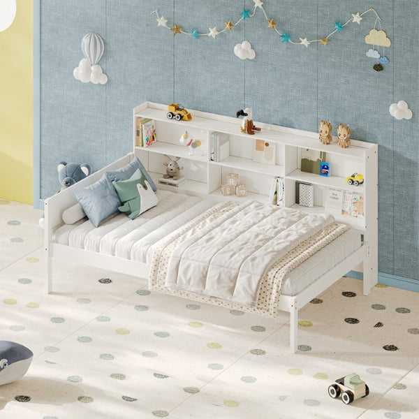 English Elm Twin Solid Pine Bed Frame with Built-In Bookshelf Headboard for Modern Bedroom White W5767P546865