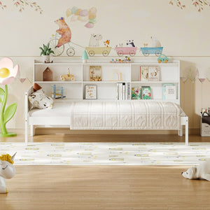 English Elm Twin Solid Pine Bed Frame with Built-In Bookshelf Headboard for Modern Bedroom White W5767P546865