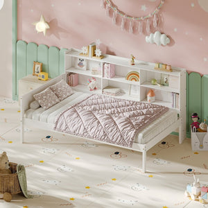 English Elm Twin Solid Pine Bed Frame with Built-In Bookshelf Headboard for Modern Bedroom White W5767P546865