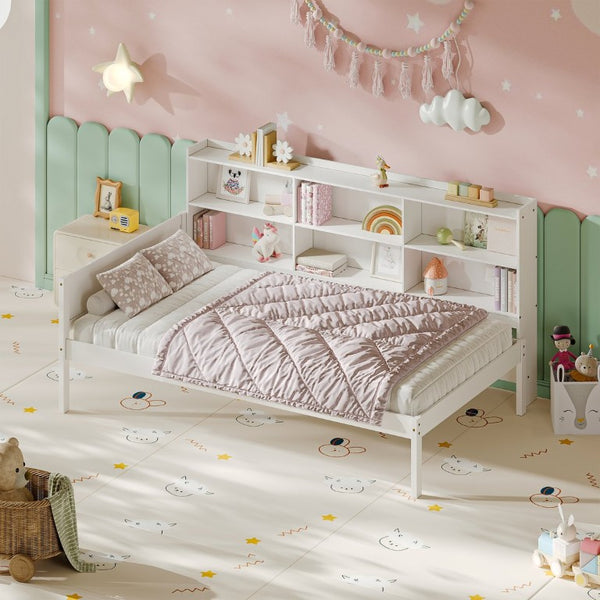 English Elm Twin Solid Pine Bed Frame with Built-In Bookshelf Headboard for Modern Bedroom White W5767P546865