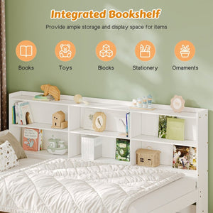 English Elm Twin Solid Pine Bed Frame with Built-In Bookshelf Headboard for Modern Bedroom White W5767P546865