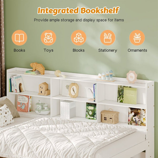 English Elm Twin Solid Pine Bed Frame with Built-In Bookshelf Headboard for Modern Bedroom White W5767P546865