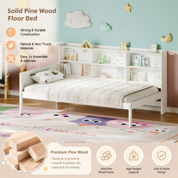 English Elm Twin Solid Pine Bed Frame with Built-In Bookshelf Headboard for Modern Bedroom White W5767P546865