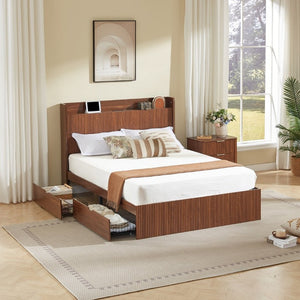 English Elm Full Size Montessori Pine Floor Bed with Guardrails Open Cubbies and Access Door Walnut MDF W5767S00001