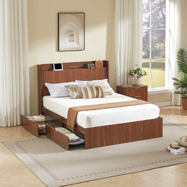 English Elm Full Size Montessori Pine Floor Bed with Guardrails Open Cubbies and Access Door Walnut MDF W5767S00001