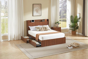 English Elm Full Size Montessori Pine Floor Bed with Guardrails Open Cubbies and Access Door Walnut MDF W5767S00001