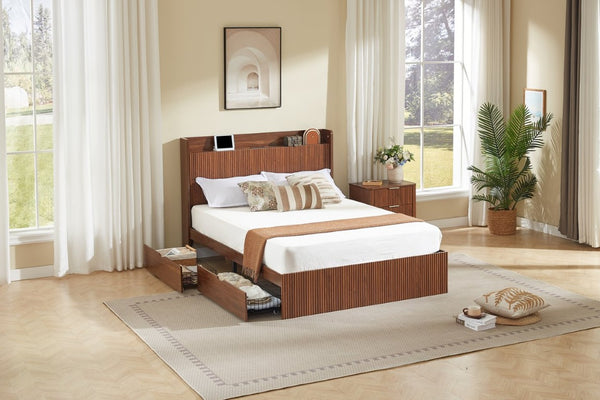 English Elm Full Size Montessori Pine Floor Bed with Guardrails Open Cubbies and Access Door Walnut MDF W5767S00001