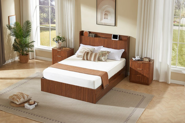 English Elm Full Size Montessori Pine Floor Bed with Guardrails Open Cubbies and Access Door Walnut MDF W5767S00001