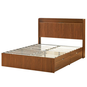 English Elm Full Size Montessori Pine Floor Bed with Guardrails Open Cubbies and Access Door Walnut MDF W5767S00001