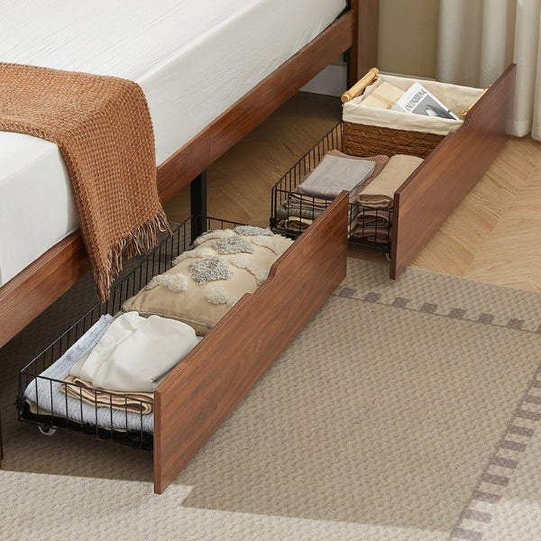 English Elm Full Size Montessori Pine Floor Bed with Guardrails Open Cubbies and Access Door Walnut MDF W5767S00001