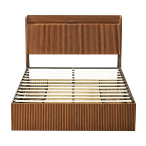 English Elm Full Size Montessori Pine Floor Bed with Guardrails Open Cubbies and Access Door Walnut MDF W5767S00001