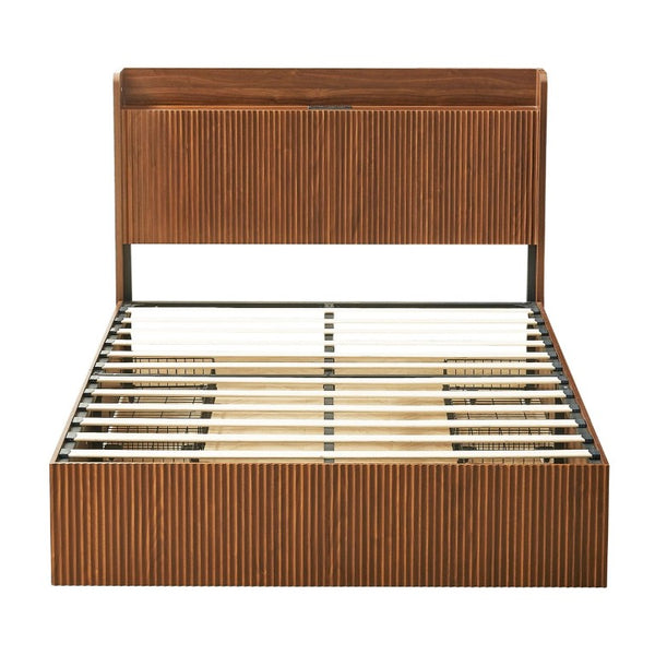 English Elm Full Size Montessori Pine Floor Bed with Guardrails Open Cubbies and Access Door Walnut MDF W5767S00001