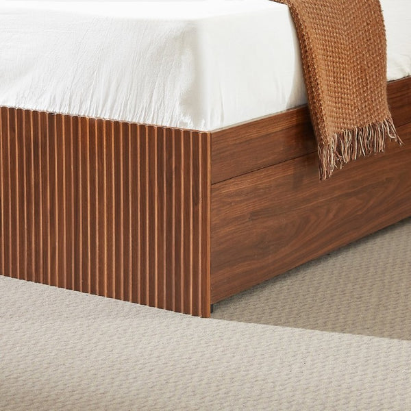 English Elm Full Size Montessori Pine Floor Bed with Guardrails Open Cubbies and Access Door Walnut MDF W5767S00001
