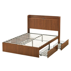 English Elm Full Size Montessori Pine Floor Bed with Guardrails Open Cubbies and Access Door Walnut MDF W5767S00001