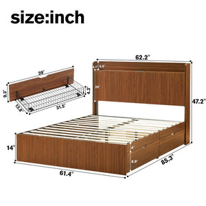 English Elm Full Size Montessori Pine Floor Bed with Guardrails Open Cubbies and Access Door Walnut MDF W5767S00001