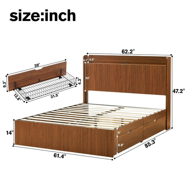 English Elm Full Size Montessori Pine Floor Bed with Guardrails Open Cubbies and Access Door Walnut MDF W5767S00001
