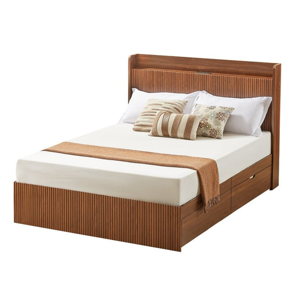 English Elm Full Size Montessori Pine Floor Bed with Guardrails Open Cubbies and Access Door Walnut MDF W5767S00001