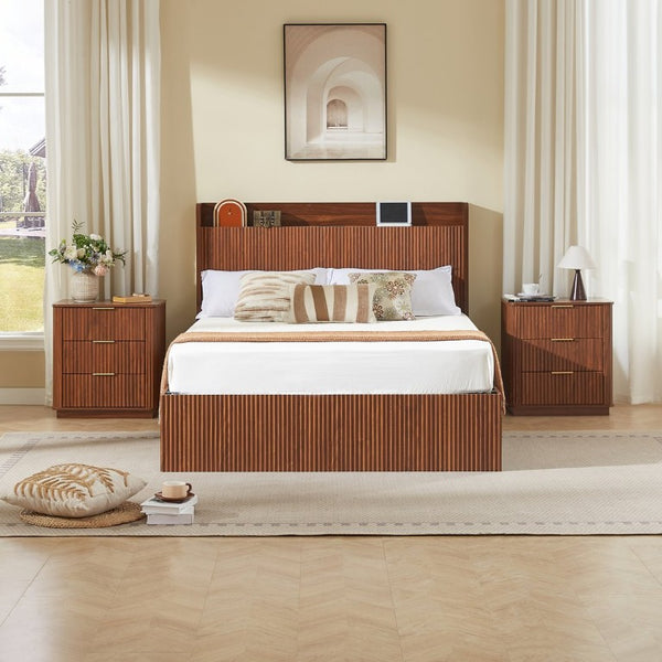 English Elm Full Size Montessori Pine Floor Bed with Guardrails Open Cubbies and Access Door Walnut MDF W5767S00001