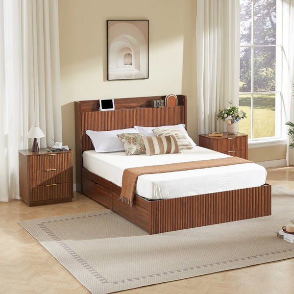 English Elm Full Size Montessori Pine Floor Bed with Guardrails Open Cubbies and Access Door Walnut MDF W5767S00001