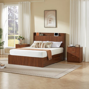 English Elm Full Size Montessori Pine Floor Bed with Guardrails Open Cubbies and Access Door Walnut MDF W5767S00001